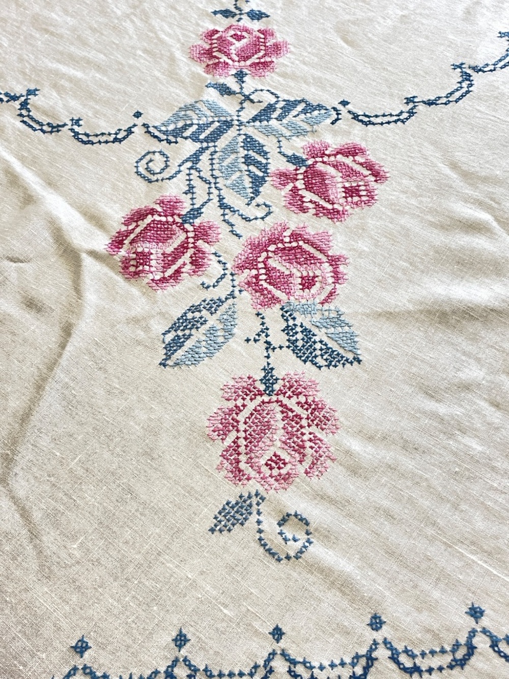 Vintage 64" Round Hand Embroidered Roses Linen Tablecloth Pink Blue - Picture 3 of 16